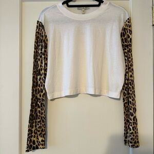 Express White and Cream Cropped Long Sleeve with Leopard Sleeves